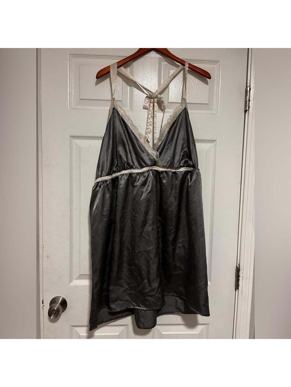 TruYou Women's Gray Satin Nightgown with Lace Trim